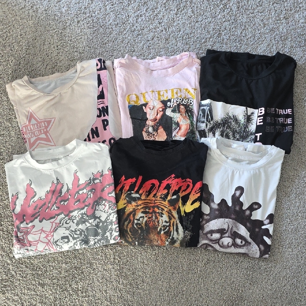 ⭐ 6-Piece SHEIN Graphic Tee Bundle – Trendy Star & Statement Prints Size: XS/S